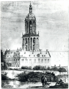 6299 Gezicht op het paleis van Frederik van de Palts met daarachter de Cuneratoren te Rhenen, uit het noordwesten.
