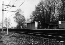 153030 Gezicht op het perron met fietsenstalling en abri van het N.S.-station Barneveld-Voorthuizen te Barneveld.N.B. ...