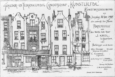 35225 Gezicht op de voorgevels van enkele huizen aan de zuidzijde van het Buurkerkhof te Utrecht uit het noorden.