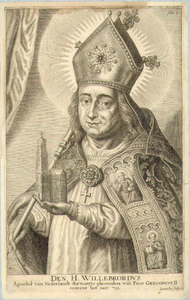 39326 Portret van Willibrord, geboren 7 november 656, bisschop van Utrecht (693-739), overleden 739. Te halve lijve ...