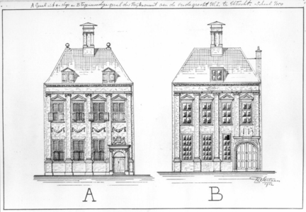 37797 Afbeeldingen van de voorgevel van de muntmeesterswoning aan de Oudegracht Weerdzijde 73 te Utrecht. Links: de ...