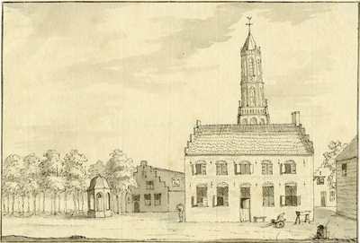 200352 Gezicht in het dorp Amerongen met op de achtergrond de toren van de Nederlands Hervormde kerk.