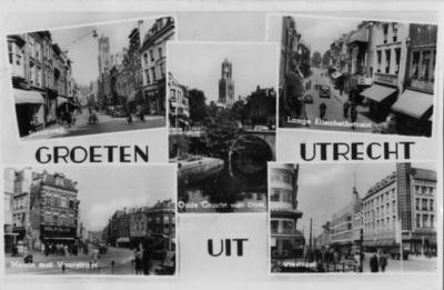 124041 Collage van gezichten te Utrecht:- Steenweg;- Oudegracht bij de Bakkerbrug;- Lange Elisabethstraat;- Voorstraat ...