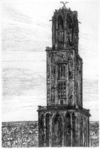 37105 Gezicht op de Domtoren te Utrecht vanaf de Domkerk, uit het oosten, in spiegelbeeld.