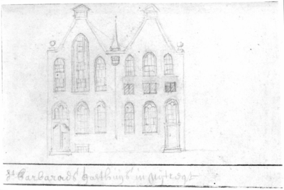 38301 Afbeelding van de voorgevel van het St.-Barbara en St.-Laurensgasthuis aan de Oudegracht te Utrecht.N.B. Het ...