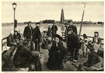 6324 Gezicht op de veerpont met reizigers op de Rijn met Rhenen op de achtergrond, uit het zuidwesten.