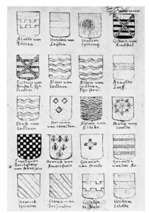 37352 Afbeelding van de wapenschilden op een verloren wapenbord uit de Mariakerk te Utrecht met de wapenschilden van de ...