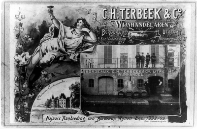 65234 Reclamebiljet met foto van de wijnkelder van de Wijnhandelaren C.H.Terbeek & Co (Nieuwegracht 64) te Utrecht.
