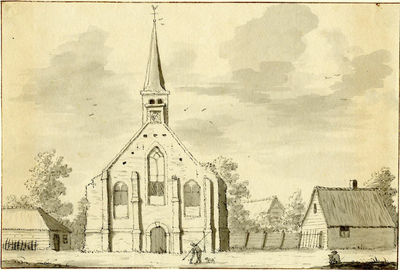 200846 Gezicht in het dorp Tienhoven met de westgevel van het kerkgebouw.