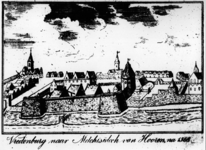 36811 Gezicht op kasteel Vredenburg en omgeving te Utrecht, met linksachter de Jabobikerk, uit het zuidwesten.