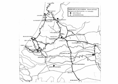 163413 Kaart met een gedeelte van het spoorwegnet van de N.S. met daarop aangegeven de tot dan toe geëlectrificeerde ...