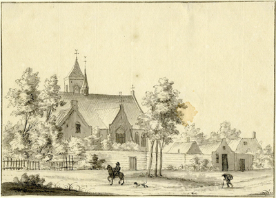 200479 Gezicht in het dorp Bunschoten op de Nederlands Hervormde kerk en enige naastgelegen huizen.