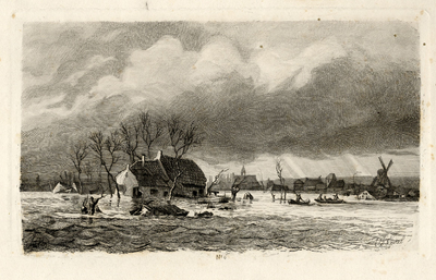 200857 Gezicht op het dorp Veenendaal vanaf De Klomp na de overstroming op 24 maart 1855.