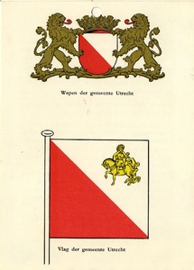 32215 Boven: afbeelding van het wapen van de stad Utrecht met twee schildhoudende leeuwen.Onder: afbeelding van de vlag ...