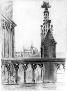 31059 Gezicht op de balustrade van het koor van de Domkerk te Utrecht met een kruisbloem en links een gedeelte van het ...