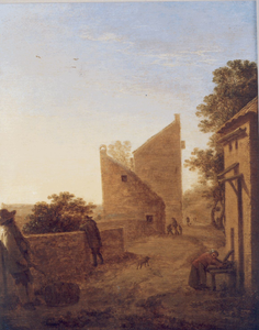 36315 Gezicht boven op de wal te Utrecht met twee ruïneuze waltorens en rechts de voorgevel van een huis, uit het zuidoosten.