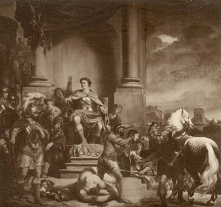 79717 Afbeelding van het schilderij van Ferdinand Bol, voorstellende de Consul T. Manlius die zijn zoon ter dood laat ...