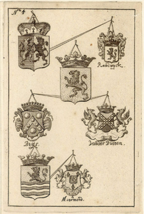 38694 Afbeelding van de wapens van de afgevaardigden Randwijck, Buijs, Van der Dussen en Moermond, vertegenwoordigers ...