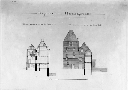 6401 Doorsneden van het Kasteel te IJsselstein, volgens de lijnen C-D en E-F (zie cat. nrs. 6395 t/m 6397).