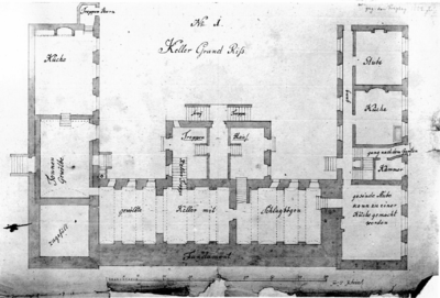 6273 Plattegrond van de kelderverdieping van het paleis van Frederik van de Palts ( Het Koningshuis ) te Rhenen.