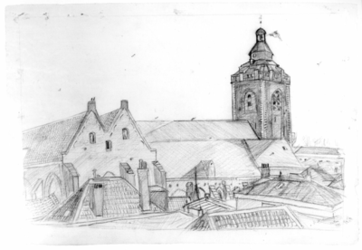 31158 Gezicht op het bovenste gedeelte van de Buurkerk te Utrecht vanaf het dak van het huis van de tekenaar aan de ...