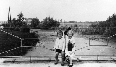 77483 Afbeelding van enkele kinderen uit het gezin Swierstra voor de railing op de Brug met de 12 Gaten in de Weg naar ...