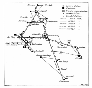 163414 Schematische kaart van het tot dan toe geëlectrificeerde spoorwegnet van de N.S. met daarop aangegeven de ...