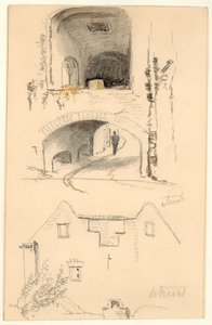 38454 Boven: gezicht op twee geschutskelders in de loods van het bastion Sterrenburg te Utrecht, met links de doorgang ...