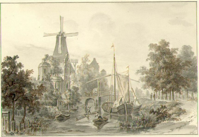 38484 Gezicht over de stadsbuitengracht te Utrecht op de Catharijnepoort en -brug met de molen de Fortuin op het ...