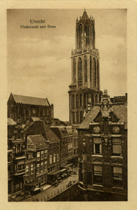 123427 Gezicht op de Vismarkt te Utrecht, met op de achtergrond de Domkerk en de Domtoren.