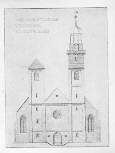 37462 Afbeelding van de westgevel van de Nicolaikerk te Utrecht volgens het restauratieplan van maart 1944.
