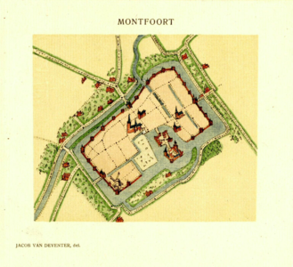 6416 Kaart van de stad Montfoort, met de waterwegen en de weergave van de belangrijkste gebouwen.