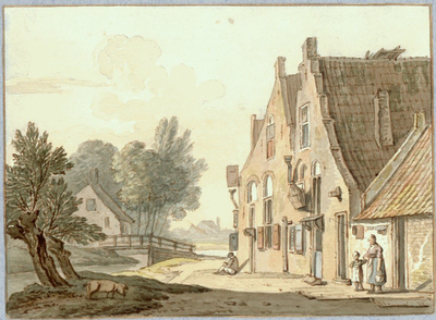 36127 Gezicht op de voorgevels en het dak van twee huizen en een aanbouw aan het Zwarte Water te Utrecht.