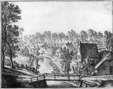 35485 Gezicht op de Kromme Rijn te Utrecht met een houten bruggetje op de voorgrond.