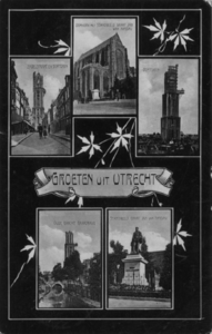 124038 Collage van gezichten te Utrecht:- Domtoren vanuit de Zadelstraat;- Domkerk;- Domtoren;- Domtoren met ...