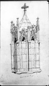 31060 Afbeelding van het bovenste gedeelte van het noordelijke traptorentje van de Domkerk te Utrecht.