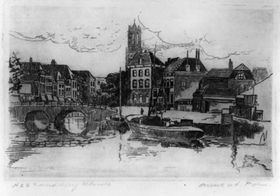 36851 Gezicht op de Nieuwekade en de Zandbrug te Utrecht met links de huizen aan de oostzijde van de Oudegracht, uit ...