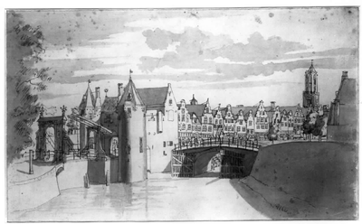 35686 Gezicht op de Weerdpoort, de Zandbrug en de huizen aan de oostzijde van de Oudegracht te Utrecht, uit het noordwesten.