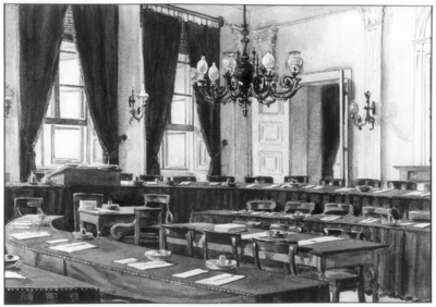 37865 Interieur van het stadhuis te Utrecht: de raadzaal met de ramen aan het Oudkerkhof.