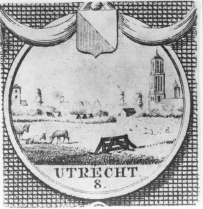36238 Profiel van de stad Utrecht met de Domtoren en een aantal molens en gestileerde kerktorens.