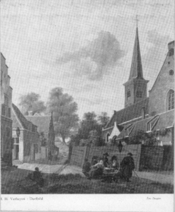37499 Gezicht op de zuidgevel van de Geertekerk aan het Geertekerkhof te Utrecht in een gefantaseerde omgeving, uit het ...