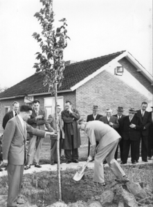89073 Afbeelding van het planten van een van de door het Bouwfonds Nederlandse Gemeenten aangeboden bomen bij de ...