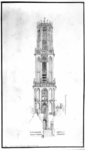 37090 Afbeelding van de Domtoren te Utrecht uit het westen met op de voorgrond de contouren van de huizen aan de ...