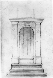 35212 Afbeelding van de classicistische deuromlijsting van het huis Breedstraat 1 te Utrecht met een sluitsteen met het ...