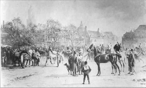 36083 Gezicht op de zuidoostzijde van het Vredenburg te Utrecht tijdens een paardenmarkt.
