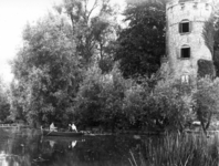 5868 Gezicht op de gracht van het kasteel Schonauwen te Houten; met links enkele personen in een roeiboot en rechts de ...