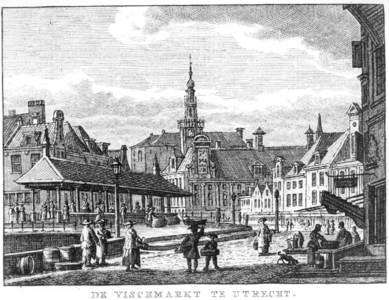 36033 Gezicht op de Vismarkt te Utrecht uit het zuiden, met het visafslaghuisje en op de achtergrond het stadhuis.