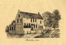 201151 Gezicht op de zij- en voorgevel van het huis Batestein bij Harmelen temiddden van zijn slotgracht.