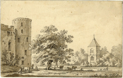 201325 Gezicht op de oostelijke toren van het kasteel De Haar bij Haarzuilens uit het noorden, met rechts de ...