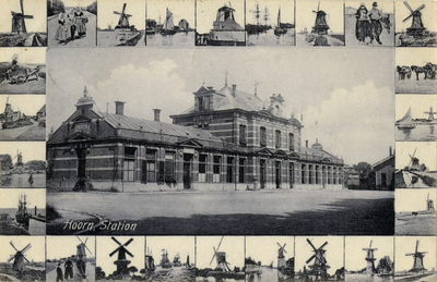 165220 Gezicht op het H.S.M.-station Hoorn te Hoorn.N.B. De centrale afbeelding van het stationsgebouw wordt omringd ...